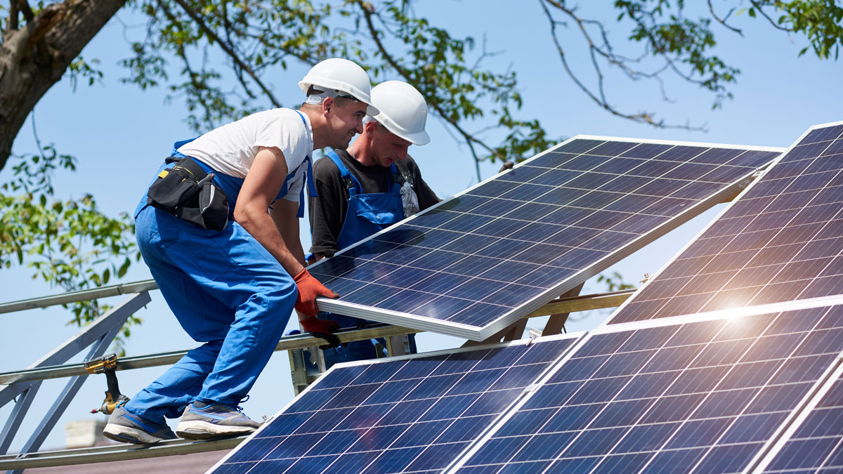 Stand-alone exterior solar panel system installation, renewable green energy generation concept. Stand-alone exterior solar panel system installation, renewable green energy generation concept.